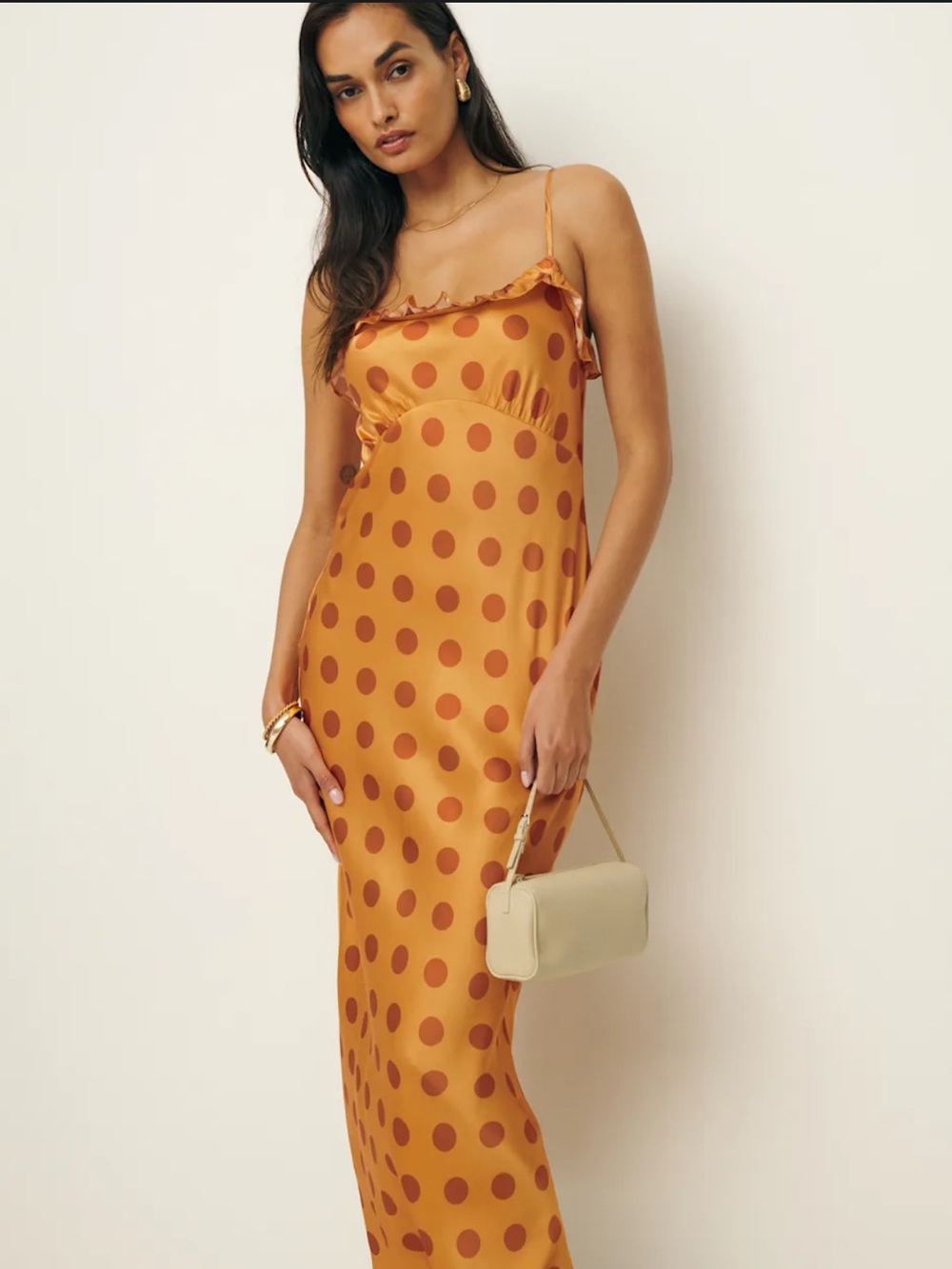 Reformation amber polka dot slip dress with rust spots